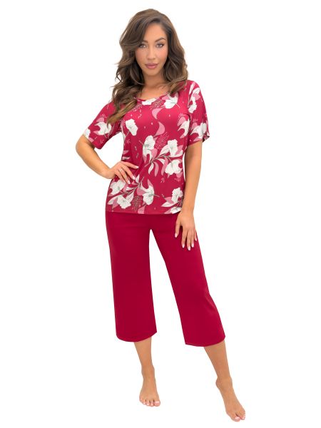 Pijama BRIGITTE 3/4 bordo, detaliu bluză cu decolteu rotund