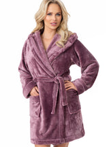 Halat damă pufos și gros, soft fleece, cu glugă mov prune – DONNA 101