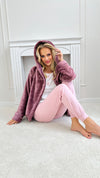 Halat damă pufos și gros, soft fleece, cu glugă mov prune – DONNA 101