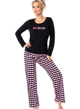 Pijama damă, bumbac, bluză neagră, pantaloni în carouri – Sleep Long