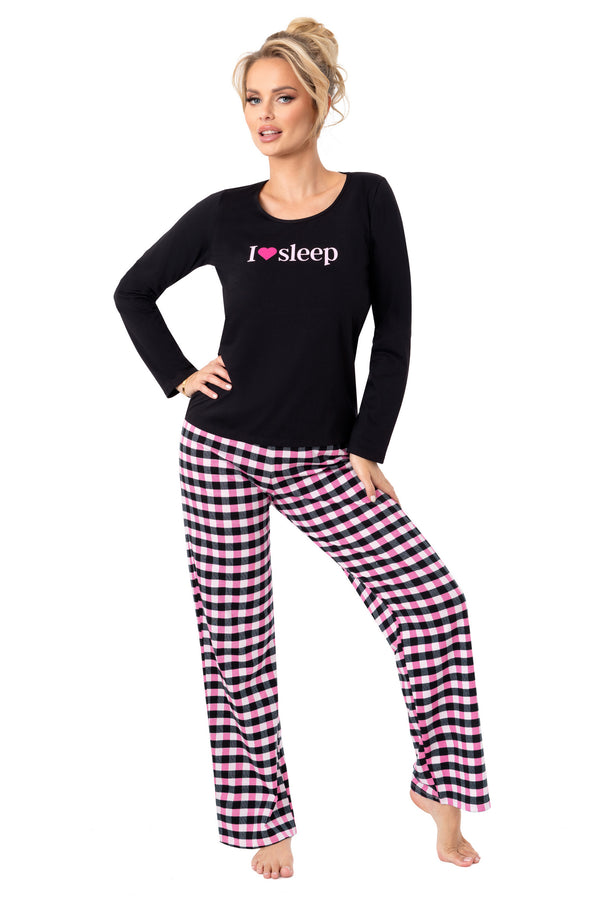 Pijama damă, bumbac, bluză neagră, pantaloni în carouri – Sleep Long
