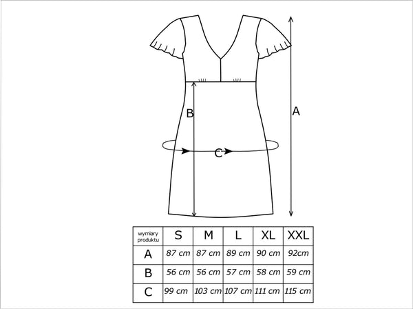 Tabel cu dimensiunile cămășii de noapte IRENE în centimetri, mărimi S–XXL