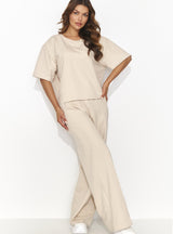 Compleu damă, tricou cu spate decupat și pantaloni palazzo, bej deschis - ALINA NU475
