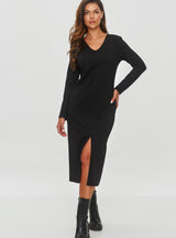 Rochie damă, casual cu decolteu în V și deschidere frontală, negru - CRINA M845
