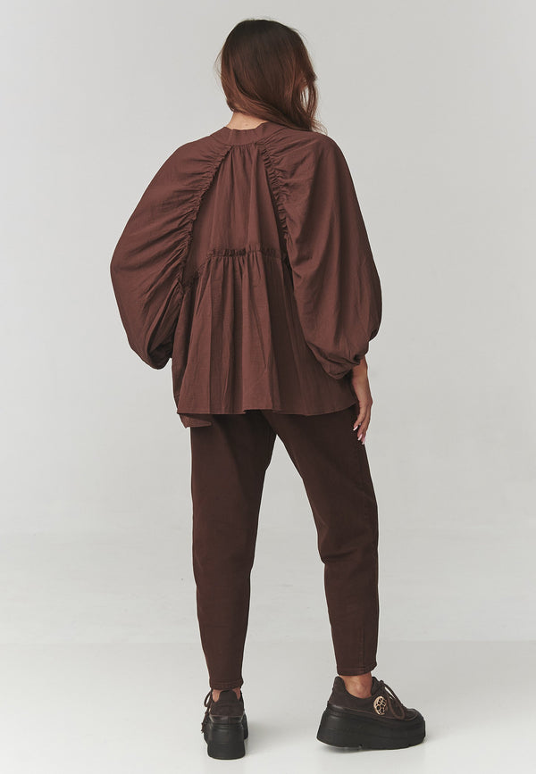 Cămașă damă oversize, bumbac 100%, mâneci bufante, maro – Andrada C24