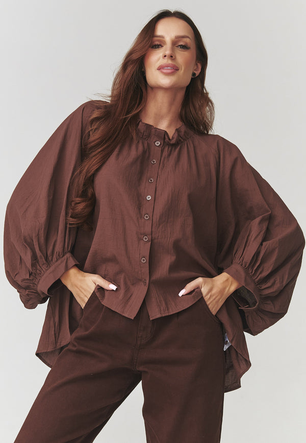 Cămașă damă oversize, bumbac 100%, mâneci bufante, maro – Andrada C24