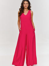 Salopetă damă, material comod, decolteu în V, fucsia - MONICA M882