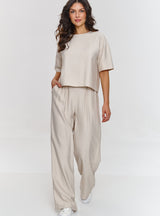 Compleu damă, elegant, bluză boxy și pantaloni largi, bej deschis - LARA M881