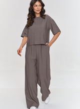 Compleu damă, elegant, bluză boxy și pantaloni largi, mokka - LARA M881