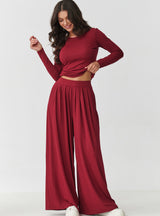 Compleu damă, viscoză, bluză drapată și pantaloni largi, burgund - BIANCA M892