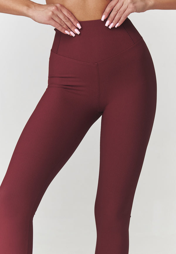 Colanți damă, tricot prăfuit cu nervuri și talie înaltă, bordo – C30