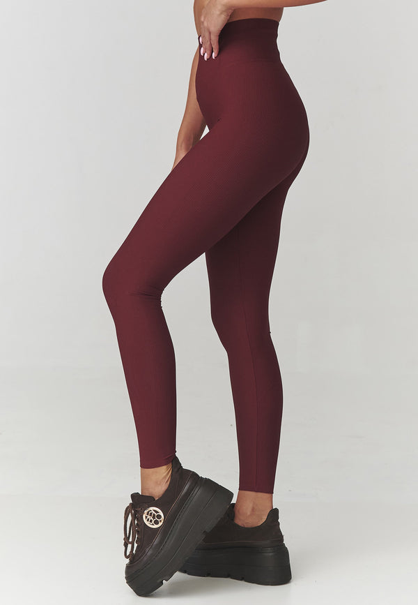 Colanți damă, tricot prăfuit cu nervuri și talie înaltă, bordo – C30