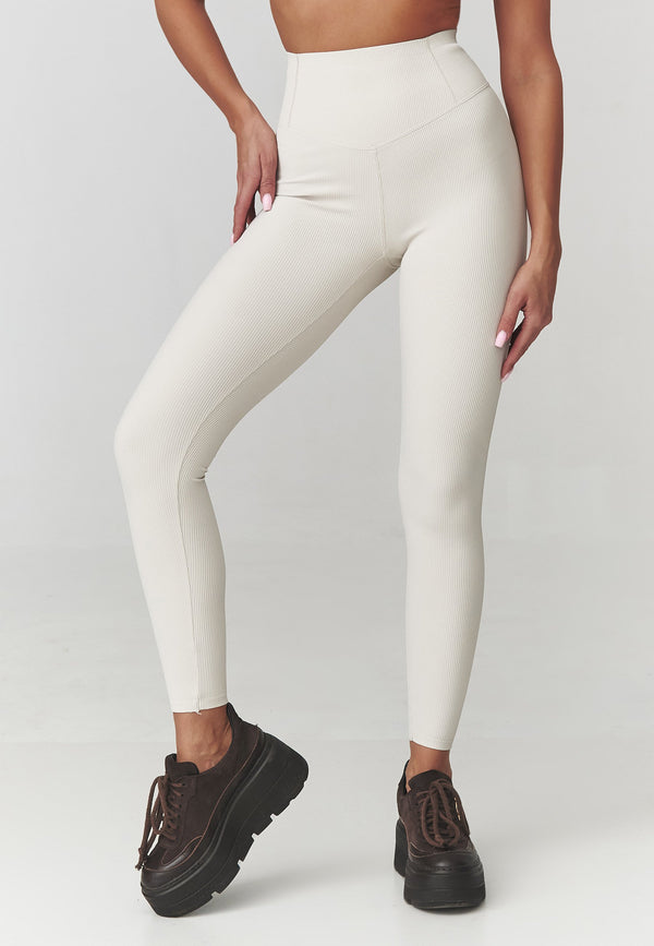 Colanți damă, tricot prăfuit cu nervuri și talie înaltă, bej – C30