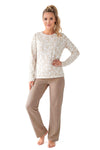 Adore Long - bluză cu inimioare, pantaloni bej - imprimeu cu inimioare pe bumbac crem, mărimi 36/S–44/XXL