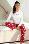 Pijama de Crăciun Cookie long din bumbac 100% — bluză ecru Sweet cookie și pantaloni roșii cu imprimeu, DONNA