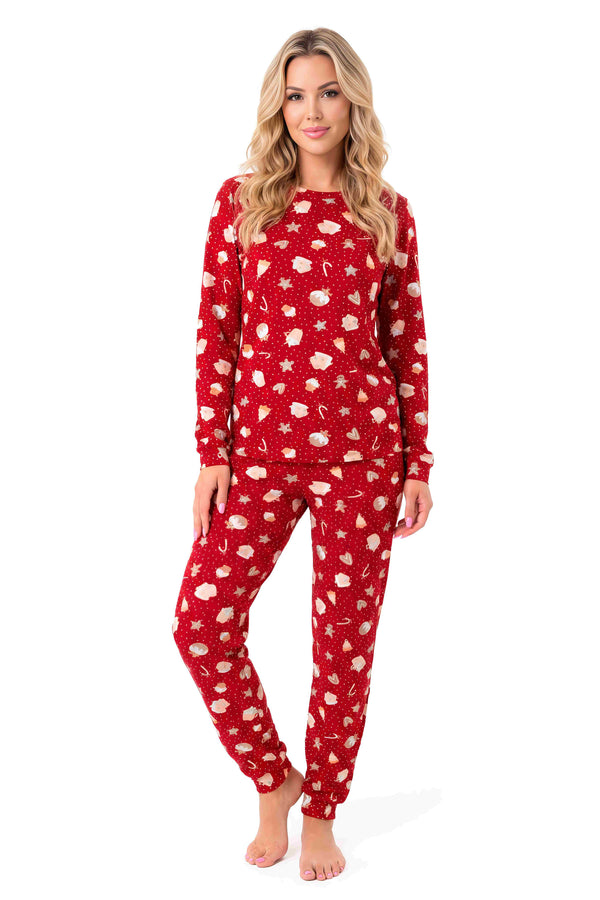 Pijama Cookie long roșu — bluză cu mânecă lungă și decolteu rotund, pantaloni lungi cu manșete, mărimi 36/S–44/XXL