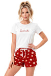 Pijama Cookie short ecru — tricou cu mânecă scurtă și decolteu rotund, pantaloni scurți cu imprimeu turtă dulce, mărimi 36/S–44/XXL