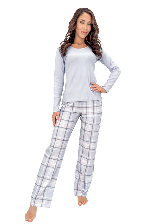 Pijama damă bumbac Dani long gri — bluză din tricot reiat, fabricat în UE