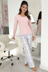 Pijama Dani long din bumbac 100% — bluză roz pudrat cu mânecă lungă și pantaloni în carouri, DONNA