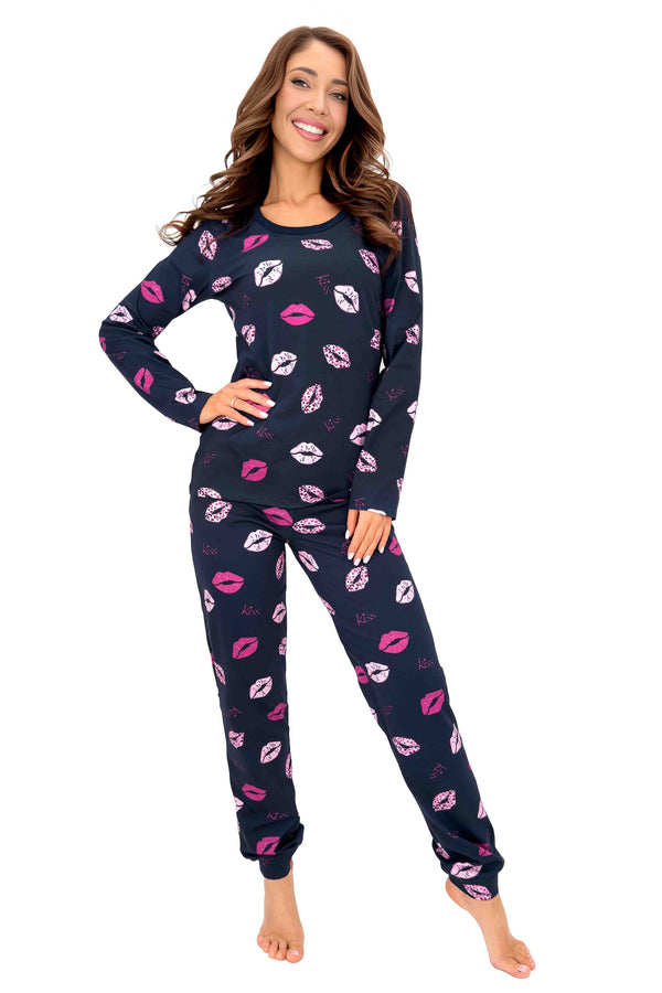 Kiss Long - imprimeu integral - imprimeu cu buze pe bumbac bleumarin, mărimi 36/S–44/XXL