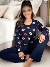 Pijama damă bumbac „Kiss Long” — pantaloni lungi bleumarin