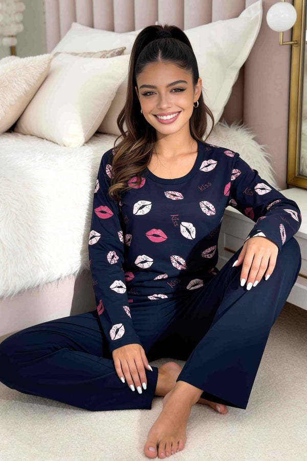 Kiss Long - pantaloni bleumarin - pijama damă din bumbac 100%, DONNA