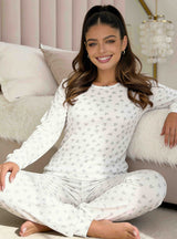 Pijama damă bumbac „Love Long” — imprimeu integral cu inimioare