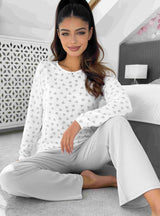 Pijama damă bumbac „Love Long” — bluză cu inimioare, pantaloni gri
