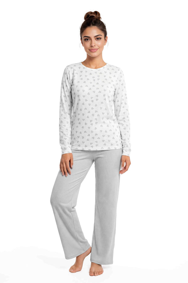 Love Long - bluză cu inimioare, pantaloni gri - imprimeu cu inimioare pe bumbac alb-ecru, mărimi 36/S–44/XXL