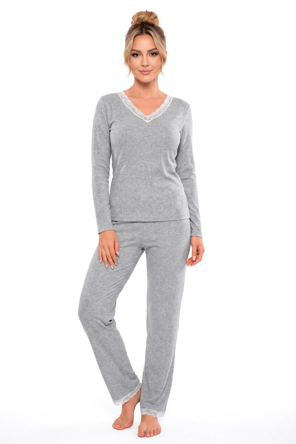 Pijama Megi long gri — pantaloni lungi drepți cu dantelă la tiv, mărimi 36/S–44/XXL