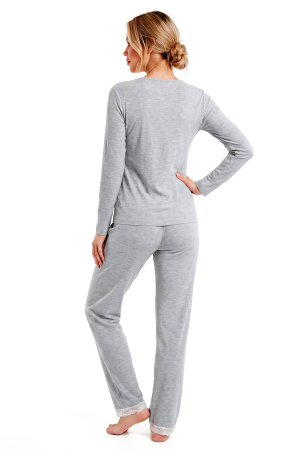 Pijama damă Megi long gri melanj — tricot elastic, fabricat în UE