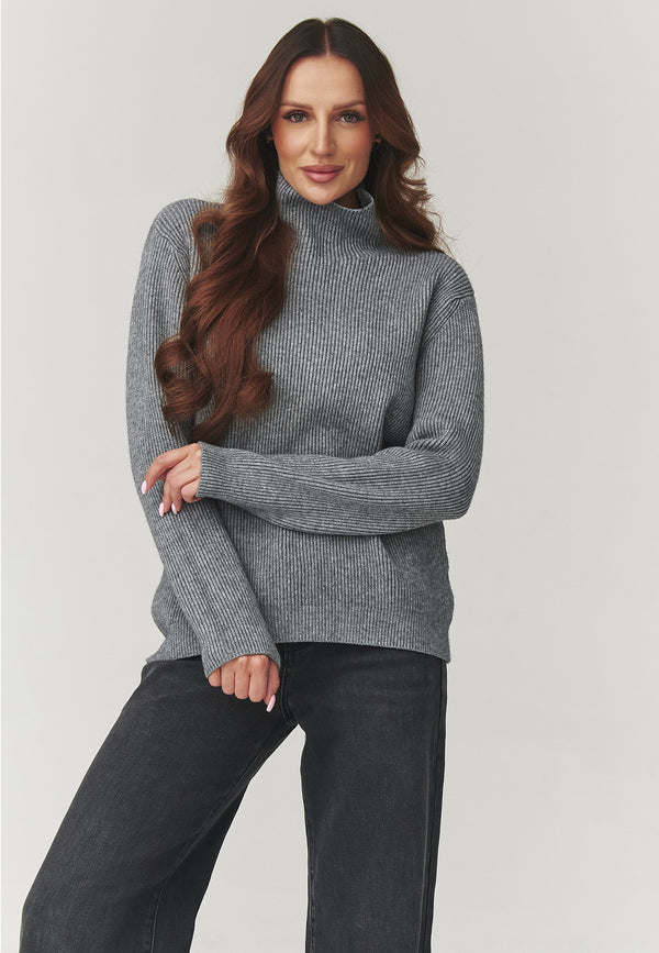 Pulover damă, tricot rib cu guler înalt, gri melanj – C20 Alina