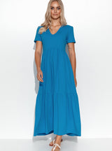 Rochie damă lungă, tricot, maxi cu decolteu în V și volane, blue jeans - IRINA M549
