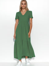 Rochie damă lungă, tricot, maxi cu decolteu în V și volane, verde kaktus - IRINA M549