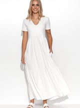 Rochie damă lungă, tricot, maxi cu decolteu în V și volane, alb-crem - IRINA M549