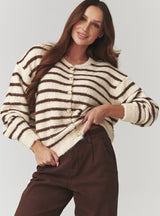 Pulover damă, tricot moale cu dungi și nasturi aurii bej – C23