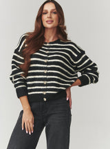 Pulover damă, tricot moale cu dungi și nasturi aurii – C23