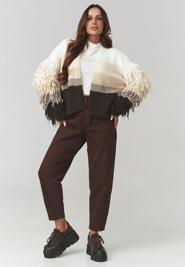 Pulover damă, tricot moale cu franjuri și efect ombre, bej – C25