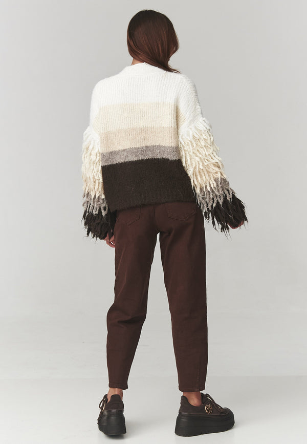 Pulover damă, tricot moale cu franjuri și efect ombre, bej – C25