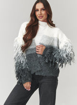 Pulover damă, tricot moale cu franjuri și efect ombre, gri – C25