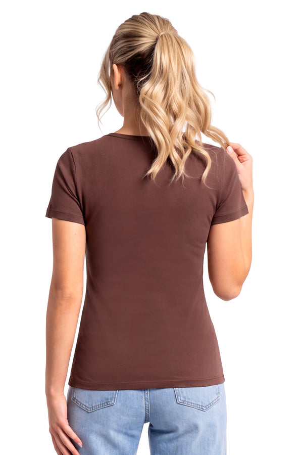 Tricou damă 107 din bumbac, maro, cu mânecă scurtă, văzut din spate