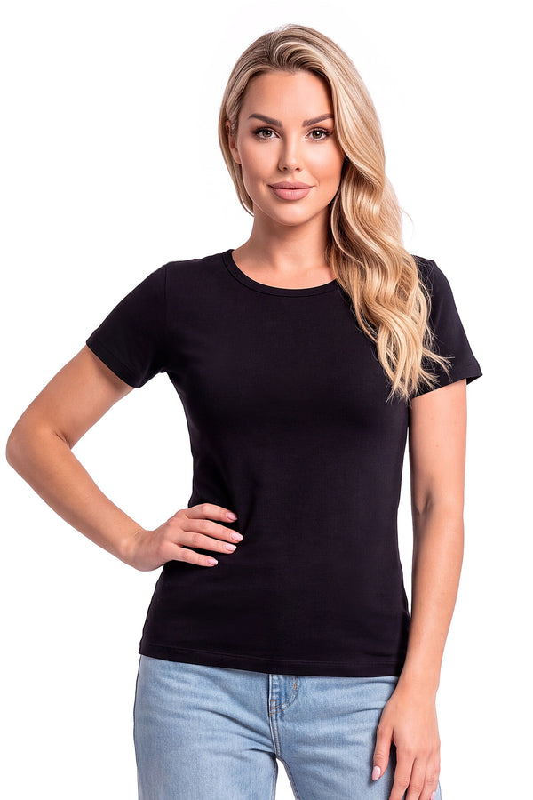 Tricou damă 107 din bumbac, negru, cu mânecă scurtă, văzut din față