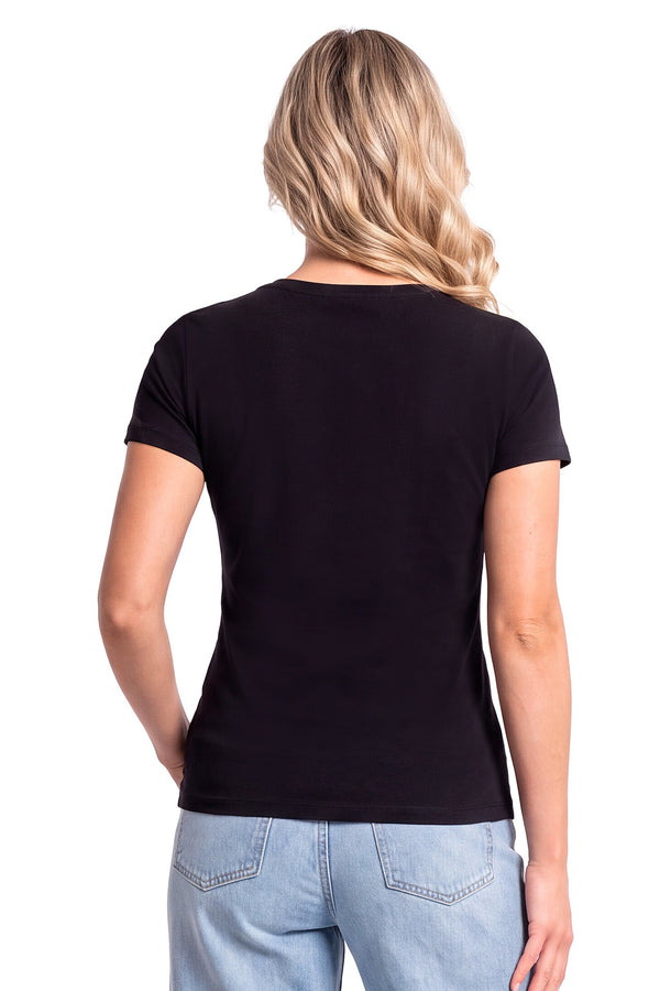 Tricou damă 107 din bumbac, negru, cu mânecă scurtă, văzut din spate