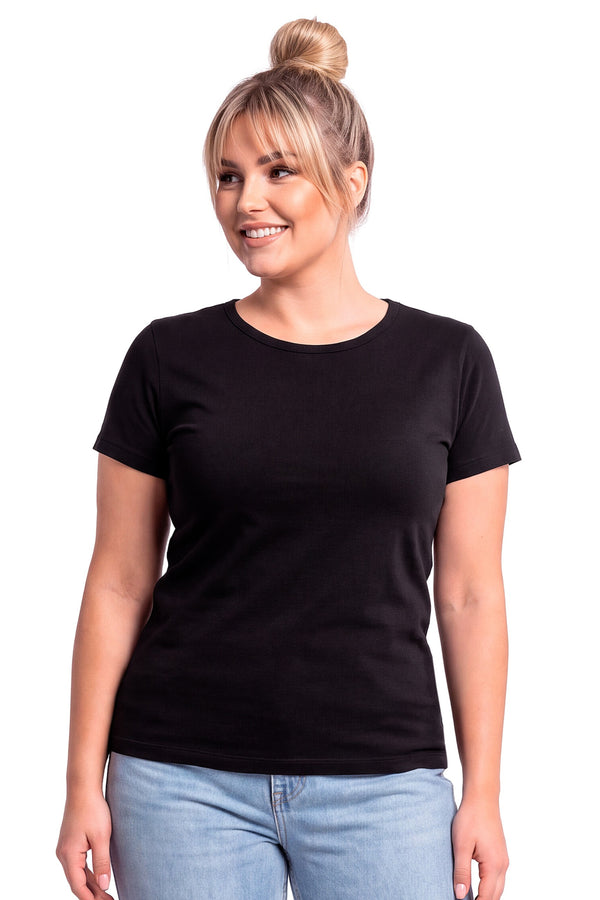 Tricou damă 107 din bumbac, negru, cu mânecă scurtă, văzut din față, mărime mare