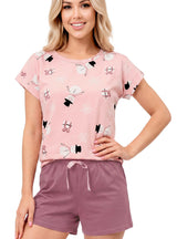 Pijama scurtă damă bumbac „Snowman short” cu pantaloni prună