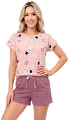 Pijama scurtă Snowman short din bumbac 100%: tricou roz pudrat cu oameni de zăpadă și pantaloni scurți prună