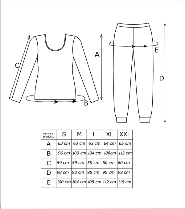 Dimensiunile pijamalei Snowman long pe mărimi: lungime bluză, bust, mânecă, lungime și șolduri pantaloni