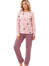 Pijama damă bumbac „Snowman long” cu pantaloni prună, imprimeu de iarnă