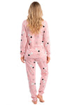 Pijama Snowman long roz pudrat, vedere din spate: bluză cu mânecă lungă și pantaloni lungi cu manșete