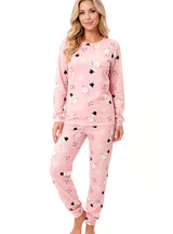 Pijama damă bumbac „Snowman long” roz pudrat, imprimeu de iarnă